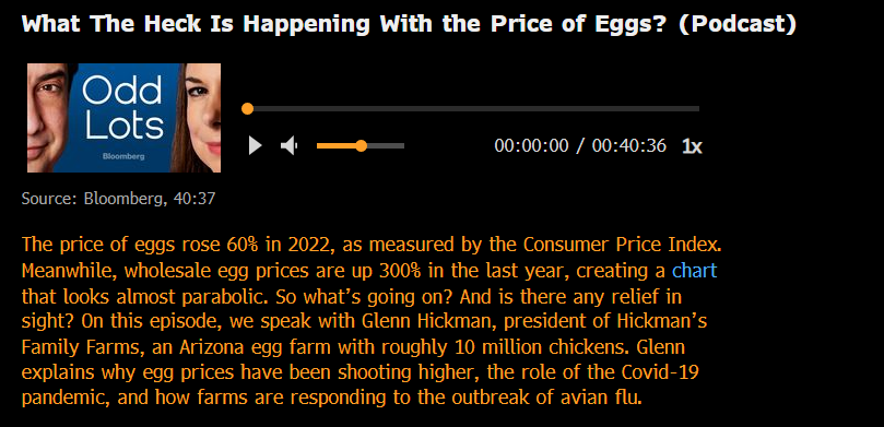 TheStalwart's tweet photo. WHAT THE HECK IS HAPPENING WITH THE PRICE OF EGGS?

Monday's Odd Lots, we talk to Glenn Hickman, the President of Hickman Family Farms, a big time egg producer in Arizona with roughly 10 million hens under management. https://t.co/lrfkQhtgRQ
