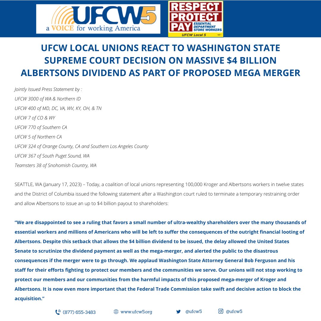 UFCW LOCAL 5 on Twitter "Unions issue statement on Albertsons dividend