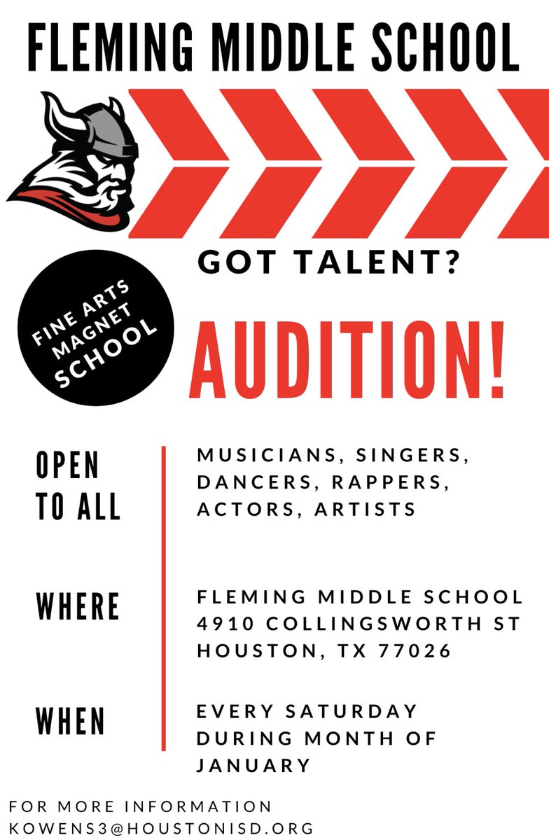 flemingvikings's tweet photo. Got Talent? Come audition to be a part of the Viking Family! #VikingStrong #MagnetProgram @MrDevinAdams @teachkennyowens https://t.co/umlfxazFLG