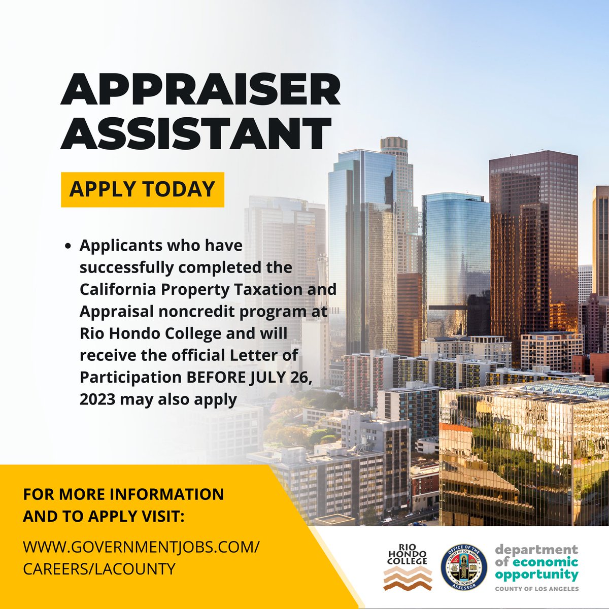 LACAssessor's tweet image. Successful completion of the Rio Hondo Assessor Career Preparation Program and 60 semester units makes you eligible to apply for the position of Appraiser Assistant with the Los Angeles County Assessor's Office.