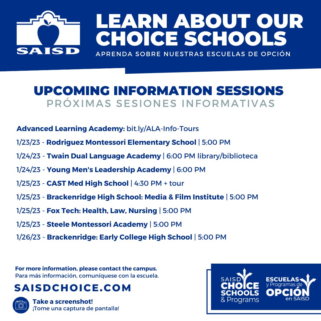 SAISD_Enroll's tweet photo. 🏫 Next week's Choice School Info Sessions!
👉 Details for each school at https://t.co/eqS9ZtyDwg

¡Sesiones de info para Escuelas de Opción la próxima semana!
👉Detalles para cada escuela en https://t.co/PxEgxGo5DU

@SAISD   #SAISDChoice  #SAISDFamilia https://t.co/1sgdJdQutS