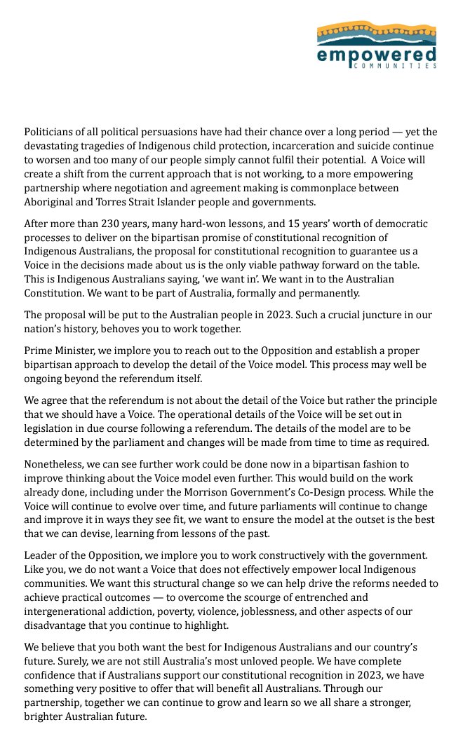 EmpComNational's tweet photo. Read the full letter Empowered Communities sent to the Prime Minister @AlboMP and Opposition Leader @PeterDutton_MP "Such a critical juncture in our nation's history, behoves you to work together." #Voice #ConRec #Referendum2023 #auspol https://t.co/lsgccRE39S