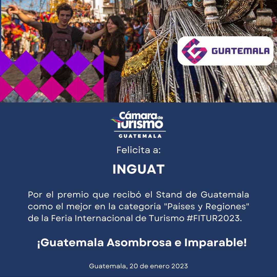 🏆 #camtur felicita a @InguatPrensa  por el premio que recibió el Stand de Guatemala como el mejor en la categoría 'Países y Regiones' de #FITUR2023. 

#GuatemalaAsombrosaeimparable
#FITURMICEGUATE2023
#VisitGuatemala
#TravelToGuatemala