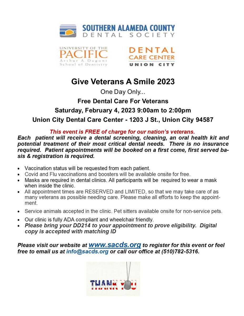 Do you know a Veteran who would appreciate free dental care? Join us Feb 4th in Union City, CA. All Veterans welcome to a day of free cleanings and treatment. #giveveteransasmile #dentistsgiveback #veterans #womenveterans