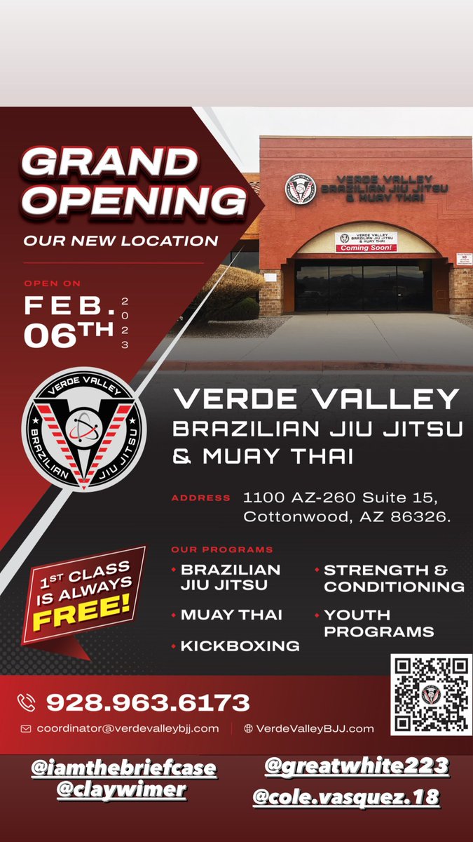 NEW LOCATION ANNOUNCEMENT: Verde Valley Brazilian Jiu Jitsu & Muay Thai will officially open our doors to the public on Monday, Feb. 6, at the Cottonwood Plaza/Little Creek, 1100 AZ-260, Suite 15 (formerly Payless Shoes). For more info: verdevalleybjj.com #bjj #muaythai