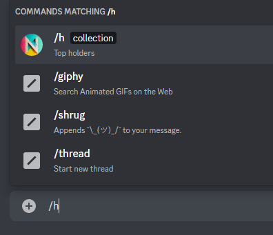 Nchart_'s tweet photo. Introducing the /h command!👷‍♂️

Fetch the current top holders list of a collection in real time.
Data updates each time a new block is created.

How to use⤵️ https://t.co/Jg8ek9VAJK