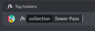 Nchart_'s tweet photo. Introducing the /h command!👷‍♂️

Fetch the current top holders list of a collection in real time.
Data updates each time a new block is created.

How to use⤵️ https://t.co/Jg8ek9VAJK