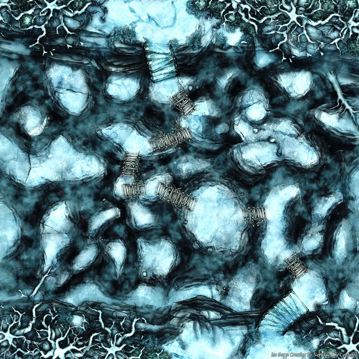 NebukadC's tweet photo. New #Mapdrop!!

"Ice Gorge Crossing" - a 30x30 encounter map for one of my Campaigns. 

A dangerous crossing with hungry predators lurking in the dark cracks.

#TTRPGmaps #Pathfinder #fantasymaps #wintermap #battlemap #mapmaking @inkarnate https://t.co/c5i444YODv
