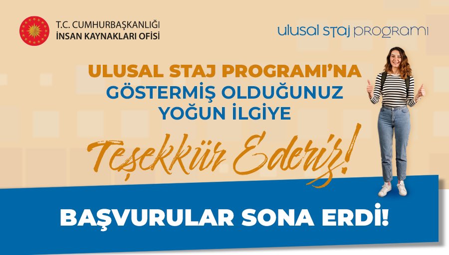 Ulusal Staj Programı (@ulusalstajprg) on Twitter photo #UlusalStajProgramı başvuruları sona erdi!
Katılım sağlayan tüm üniversiteli gençlerimize teşekkür ederiz. Belge kontrol ve değerleme sürecimiz başladı, bizi takipte kalın. #SeninİçinSeferbiriz <a href="/tccbiko/">T.C. Cumhurbaşkanlığı İnsan Kaynakları Ofisi</a> <a href="/kariyerkapisi/">Kariyer Kapısı</a> #UlusalStajProgramı başvuruları sona erdi!
Katılım sağlayan tüm üniversiteli gençlerimize teşekkür ederiz. Belge kontrol ve değerleme sürecimiz başladı, bizi takipte kalın. #SeninİçinSeferbiriz <a href="/tccbiko/">T.C. Cumhurbaşkanlığı İnsan Kaynakları Ofisi</a> <a href="/kariyerkapisi/">Kariyer Kapısı</a>
