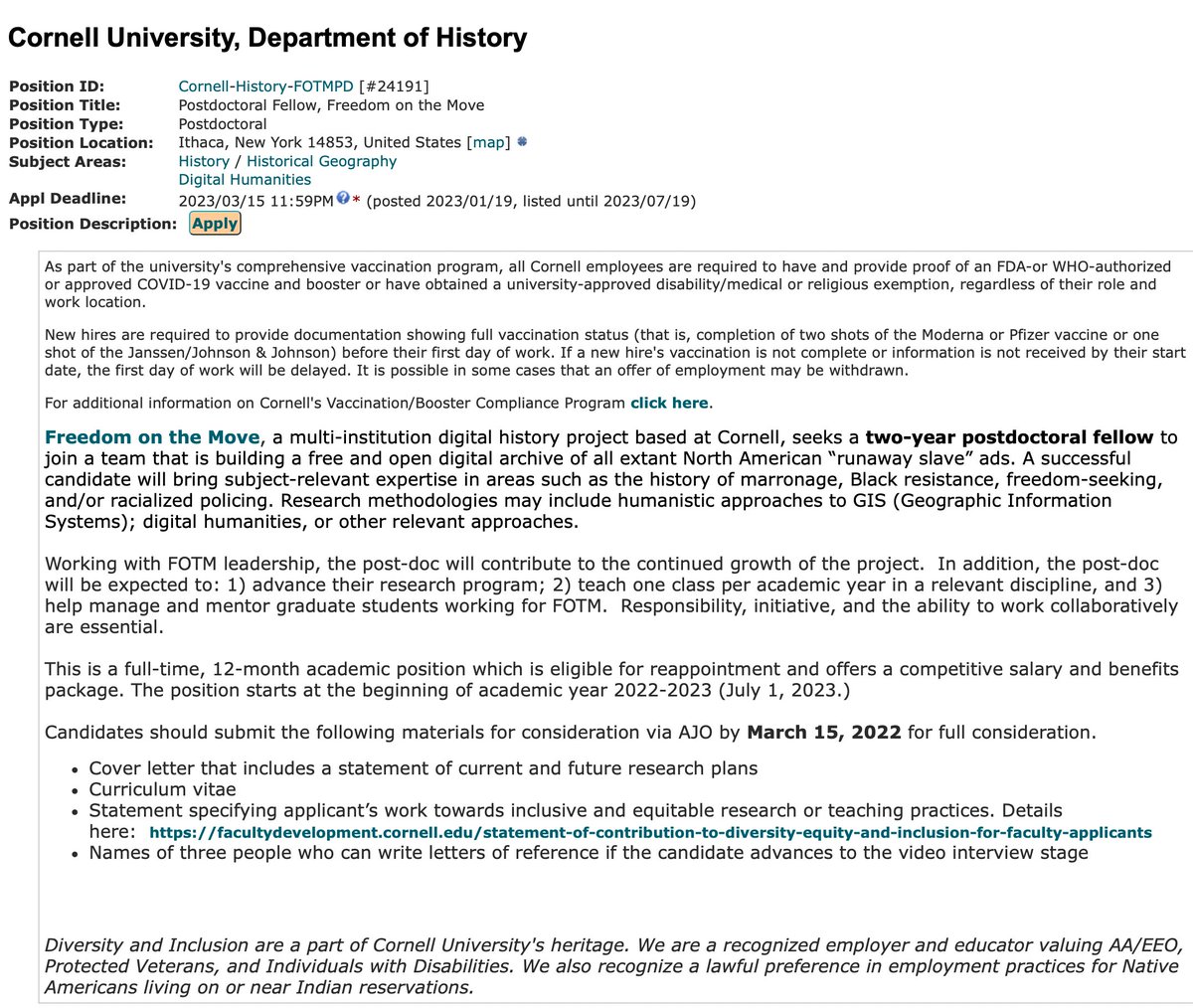 CulturedModesty's tweet photo. "Freedom on the Move (@fotmproject)... seeks a two-year postdoctoral fellow to join a team that is building a free and open digital archive of all extant North American “runaway slave” ads." #Blktwitterstorians @Ed_Baptist @WhatAboutClass @LorienTinuviel #twitterstorians https://t.co/I41FPsvpW9