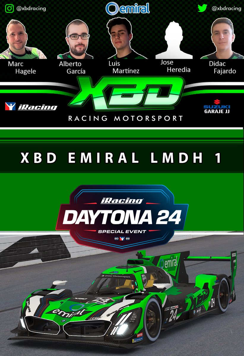 ¡Buenas noches a todos!🔥

Presentamos nuestra alineación para las #iRacing24Daytona, que prometen gran emoción y efusividad vuelta tras vuelta.

En este caso, aquí tenéis a los primeros cinco guerreros que llevarán este complicado nuevo prototipo.

¡Muchísima suerte!
💚💚💚💚💚