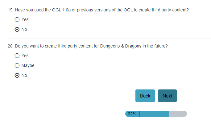 It's official: WOTC's survey doesn't ask if we prefer this over 1.0a. They're trying to change the conversation. The only appropriate response is: "There is nothing to discuss; OGL 1.0a is irrevocable." #OpenDnD #DnDBegone #ORCLicense