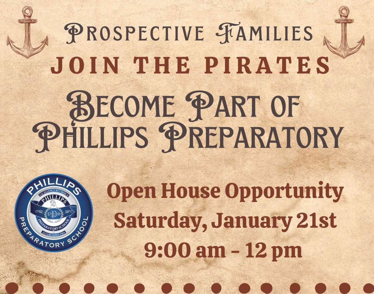 PhillipsPrepIB's tweet photo. OPEN HOUSE Saturday, January 21st! Come take a Peek into the Pirates’ Cove! Teachers, students, and administrators will be here to show you all of the amazing things PPS has to offer! #OpenHouse #MagnetWindowClosesSoon #DoNotDelay #ExcellenceByChoice #ItsAPiratesLifeForMe https://t.co/BgsJWRr9Aw