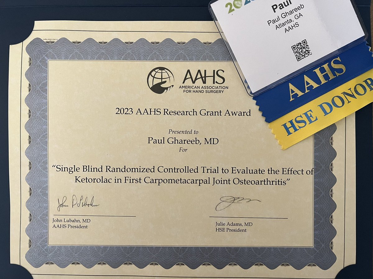 PaulGhareebMD's tweet photo. Thrilled for our group to be awarded this years AAHS Research Grant🔍 @EmoryUECenter @EmoryPRSurgery @HandSurgeryAssn — looking forward to presenting our results at next years meeting in the Bahamas! 🏝️ https://t.co/p59rIj5Dfa