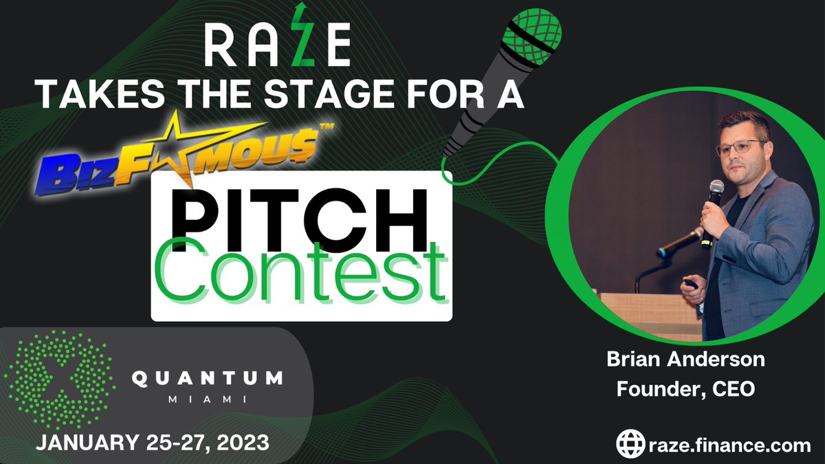 Raze is excited to announce our participation in Quantum Miami's Shark Tank-style pitch competition! Qualifier round on Zoom, Live pitch on stage. January 25-27, 2023. #QuantumMiami #Web3 #Blockchain #Startups #PitchCompetition #RAZEfinance