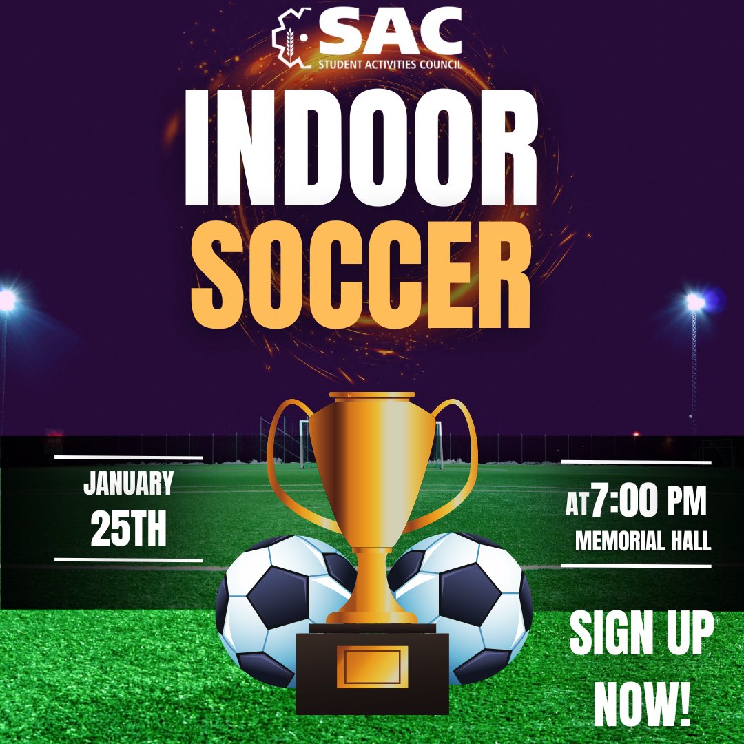 Are you a soccer fan? Or do you just like playing sports? Either way, join us next Wednesday, January 25th in Mem Hall at 7pm for 5v5 Indoor Soccer!! Get a team together and sign up today!! Sign up link: forms.gle/oE3xyFA6DLTNoc…