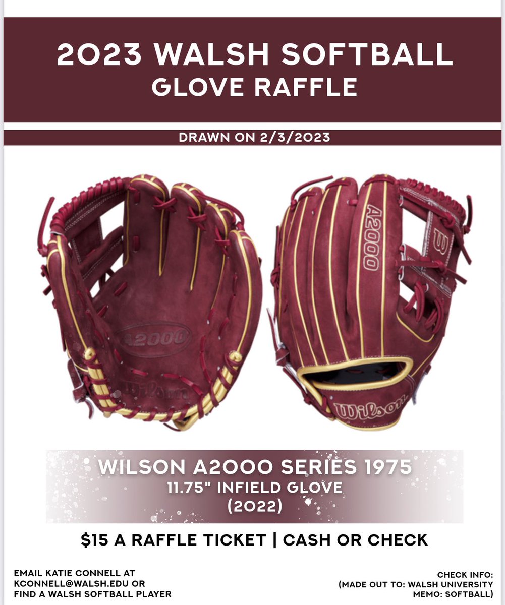 Looking for a new mitt? Raffle tickets are $15 a piece! DM us, email Coach Connell or find a current Walsh Softball player! Drawing is 2/3!