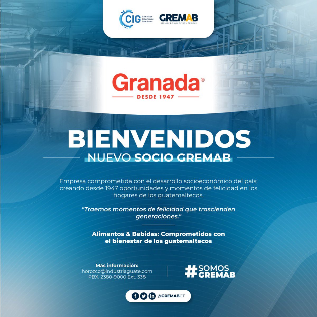 Gremabgt's tweet photo. #NuevoSocio | ¡Le damos la bienvenida a Fabrica de Chocolates Granada! Nuevo integrante de la gran familia de la industria alimentaria y de bebidas de la #GREMAB, adscrita a la Cámara de Industria de Guatemala (CIG). 

#SomosGREMAB @industriaguate https://t.co/6uJ8PP6XDG
