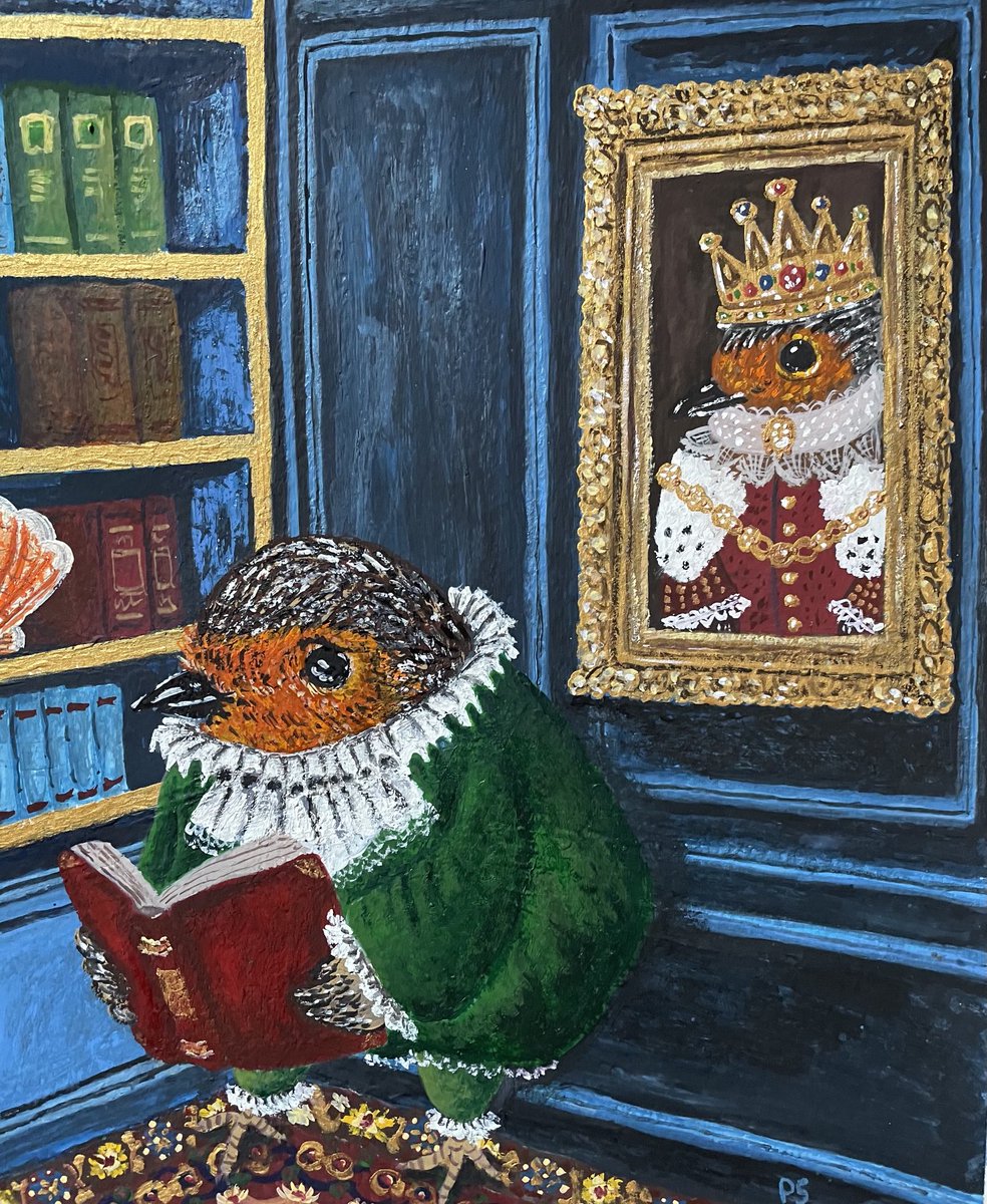 stormsy's tweet photo. On those days when Sir Robin felt the overwhelming weight of responsibility, he would hide I his library and escape into a world of art and literature. #Gouache #EnglishRobin #RoyalRobin #Library  #Sanctuary https://t.co/9ckd1xhycL