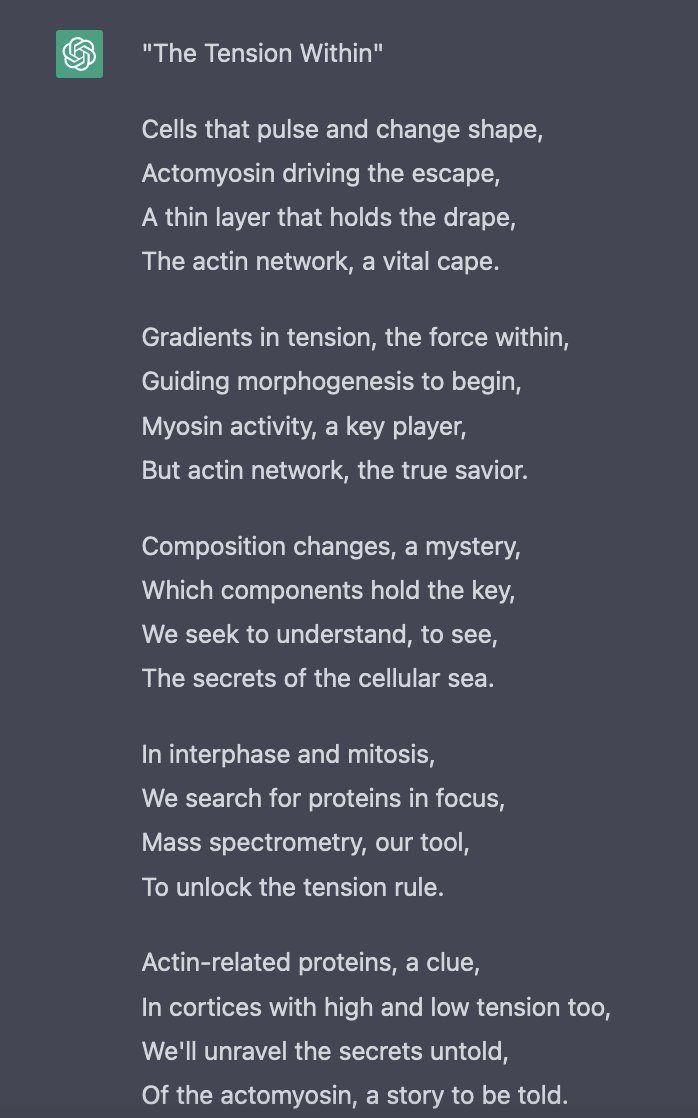Henry De Belly (@henry_de_belly) on Twitter photo My new favorite thing is to use #ChatGPT to make poems about scientific papers. It's truly hilarious (and a bit scary how good it is)
Here is a great one made using <a href="/NezaVadnjal/">Neza Vadnjal</a> recent paper : My new favorite thing is to use #ChatGPT to make poems about scientific papers. It's truly hilarious (and a bit scary how good it is)
Here is a great one made using <a href="/NezaVadnjal/">Neza Vadnjal</a> recent paper :