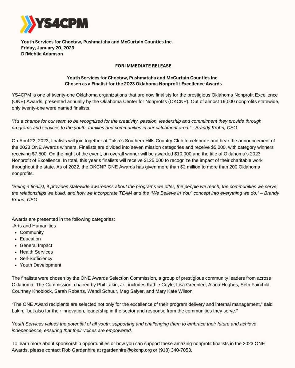 ys4cpm (@ys4cpm) on Twitter photo FOR IMMEDIATE RELEASE - YS4CPM is one of twenty-one Oklahoma organizations that are now finalists for the prestigious Oklahoma Nonprofit Excellence (ONE) Awards, presented by <a href="/OKCNP/">Oklahoma Center for Nonprofits</a>.
#OKCNP #okcnpONEawards Oklahoma Center for Nonprofits FOR IMMEDIATE RELEASE - YS4CPM is one of twenty-one Oklahoma organizations that are now finalists for the prestigious Oklahoma Nonprofit Excellence (ONE) Awards, presented by <a href="/OKCNP/">Oklahoma Center for Nonprofits</a>.
#OKCNP #okcnpONEawards Oklahoma Center for Nonprofits