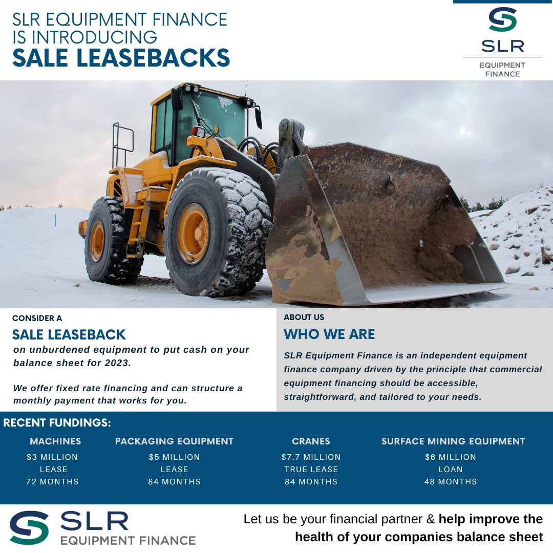 Looking to generate more liquidity on your balance sheet in 2023?

Consider SLR Equipment Finance for a Sale Leaseback.

Contact us today for more information!

info@slrequipmentfinance.com
(203) 229-2220