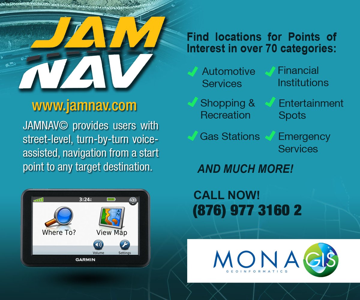 MGIMona's tweet photo. JAMNAV - GPS navigation for Jamaica. Compatible with all your #Garmin navigation devices.
Website: https://t.co/S0HawDWDqL
Call: 876-977-3160-2
#GPSnavigation #JAMNAV #Jamaica #SatNav #MoreThanMaps #KnowWhere #Findit #Travel #Vacation #Fun #Adventure.
@JAMNAV1 @Garmin https://t.co/ANqcuRlPW2