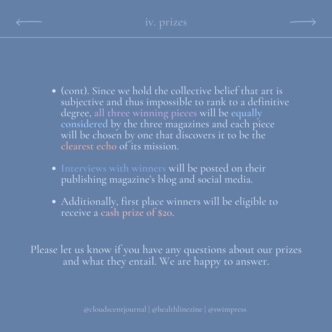 The Cloudscent Journal | reading subs! (@thecloudscent) on Twitter photo we are absolutely elated to announce our first writing contest in collaboration with <a href="/healthline_zine/">SUBMIT TO CORPOREAL | healthline zine loves you</a> and <a href="/swimpress_/">swim press</a>!
they have both been absolutely amazing throughout the planning process, and we hope you as writers are just as excited to embark this new journey with us. we are absolutely elated to announce our first writing contest in collaboration with <a href="/healthline_zine/">SUBMIT TO CORPOREAL | healthline zine loves you</a> and <a href="/swimpress_/">swim press</a>!
they have both been absolutely amazing throughout the planning process, and we hope you as writers are just as excited to embark this new journey with us.