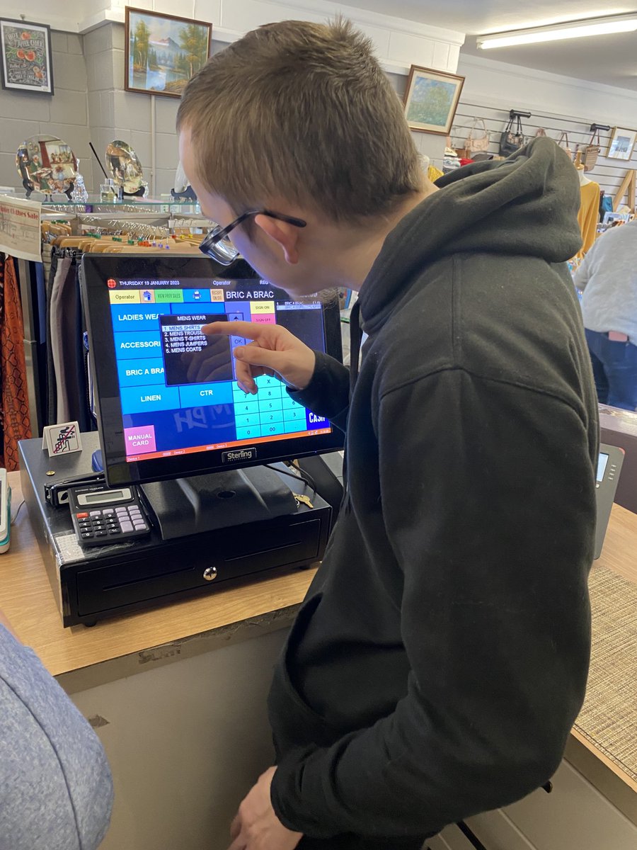 George who is a first year out working in the till in Vintage Advantage our on-site retail shop - George has great customer service skills ⁦<a href="/DerwenCollegeGC/">DC Garden Centre</a>⁩ ⁦<a href="/DerwenCollege/">Derwen College - Post-16 specialist college</a>⁩ ⁦<a href="/visitwales/">Visit Wales 🏴󠁧󠁢󠁷󠁬󠁳󠁿</a>⁩ ⁦<a href="/visitshrop/">Visit Shropshire</a>⁩ ⁦<a href="/Natspec/">Natspec</a>⁩ #inclusion