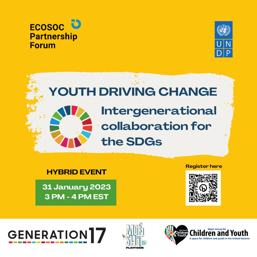 Intergenerational collaboration can help to achieve the #Agenda2030 🙌 Join us on 31 Jan at ECOSOC Partnership Forum and learn more about partnerships that benefit #youth initiatives. 

➡️Register by 23 Jan: bit.ly/3R1OraQ

#Youth2030 #GlobalGoals