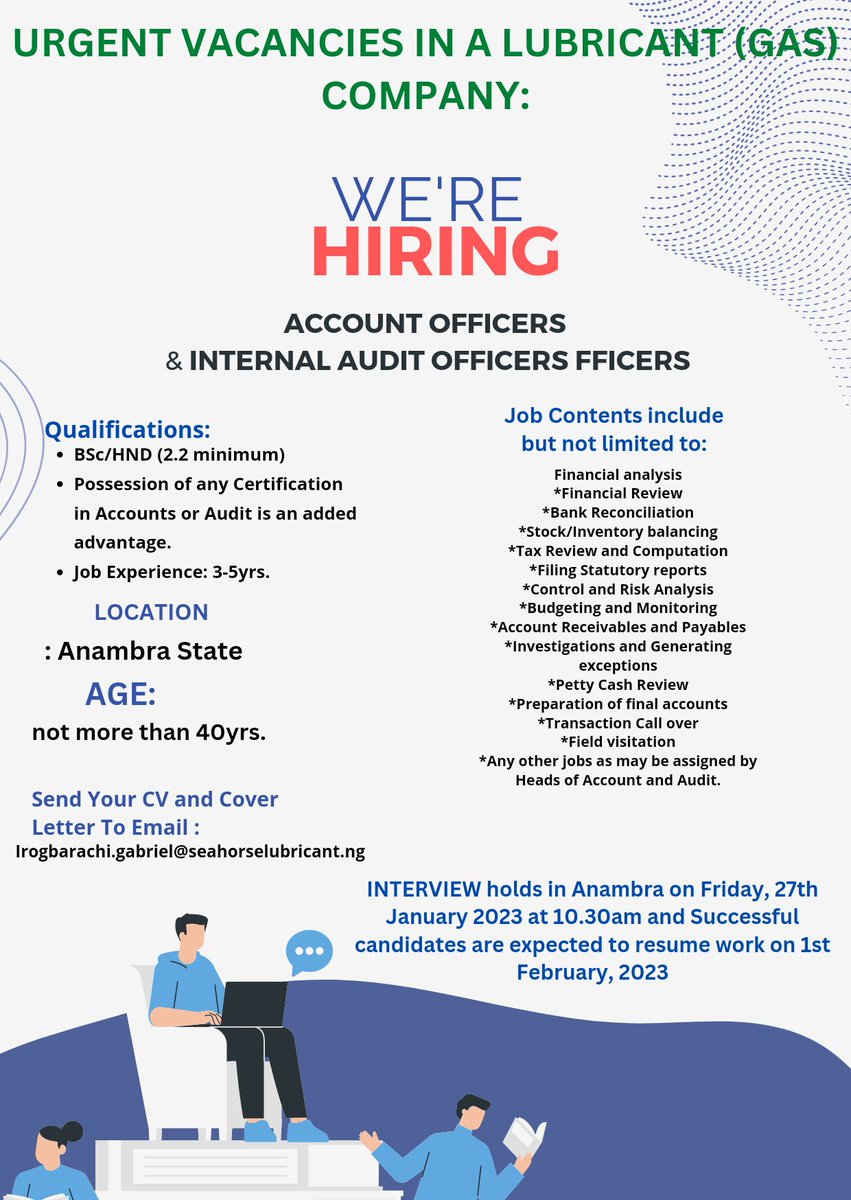 KENNEYOUNG007's tweet photo. URGENT VACANCIES
#JobAlert
#JobVacancy_Alert 
#JobSeekers 
INTERVIEW holds in Anambra on Friday, 27th January 2023 at 10.30am and Successful candidates are expected to resume work on 1st February, 2023
HOW TO APPLY:
Irogbarachi.gabriel@seahorselubricant.ng https://t.co/NDTDFn0330