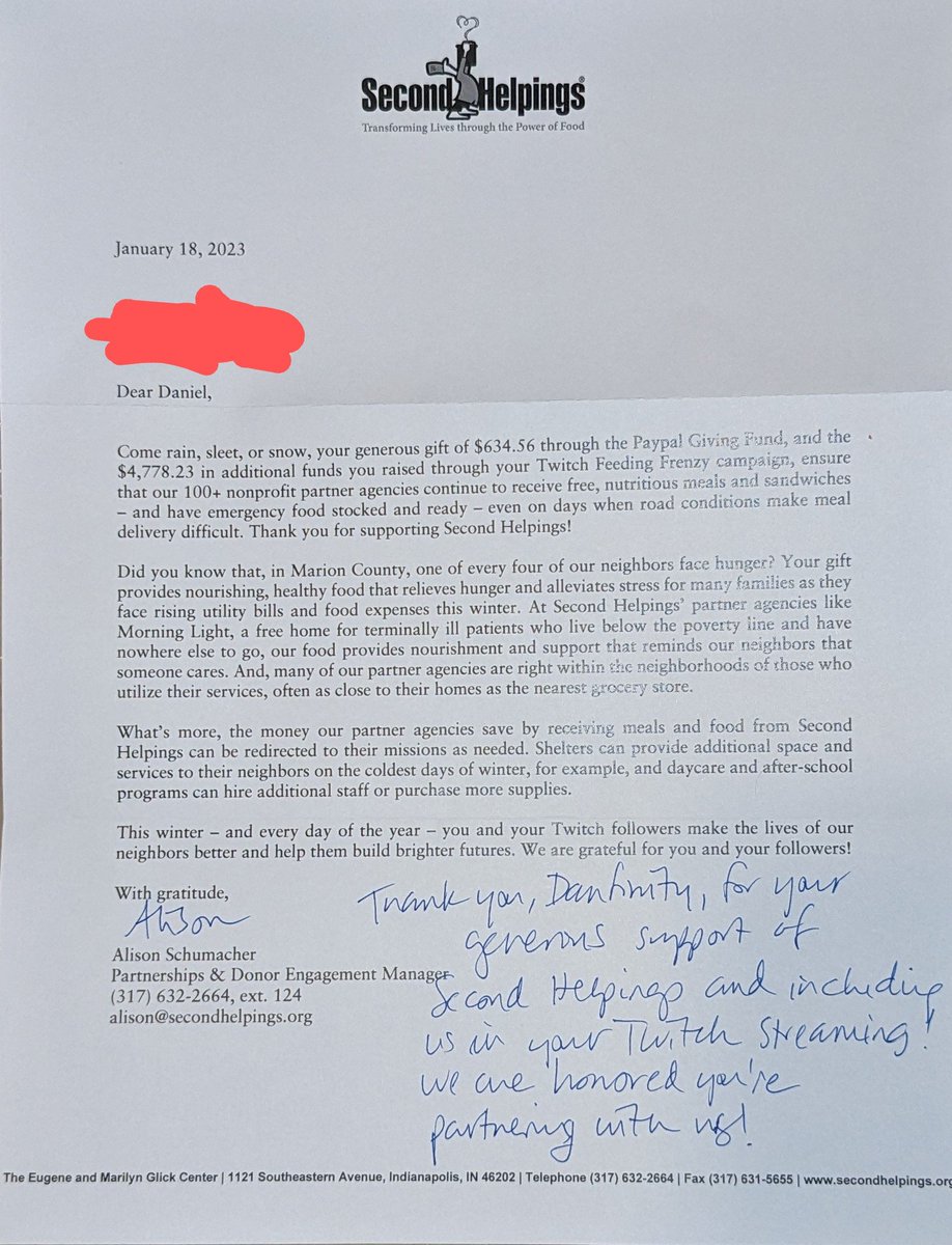 danfinitygg's tweet image. Thank you for the lovely letter, @SecondHelpings! Thank you for existing &amp;amp; making Indianapolis a better place!

Thanks so much to all who contributed to the campaign &amp;amp; to everyone on the mod team for the smooth sailing! Appreciate you all so much! 

This year we go further!