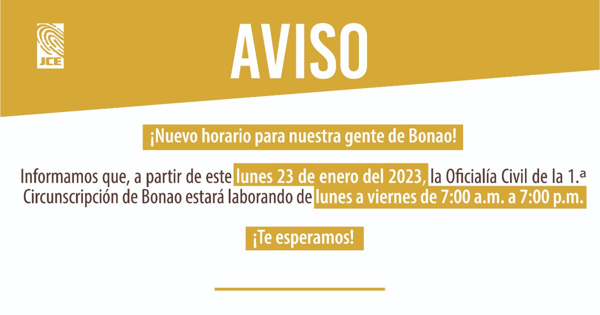 Atención a todos residentes de Bonao y zonas aledañas⚠️

Respondiendo a la demanda de servicios del municipio de Bonao, provincia Monseñor Nouel, la oficialía de dicho municipio estará laborando de lunes a viernes de 7:00 a.m. a 7:00 p.m. a partir de este lunes 23 de enero.