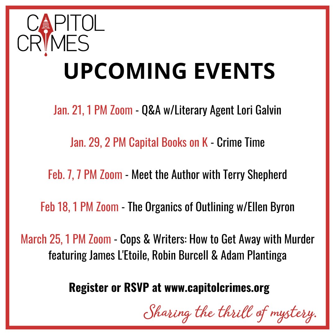 CapitolCrimes's tweet photo. Check out @CapitolCrimes line-up! Register for Zoom link or RSVP at https://t.co/4PUCoSGVdQ #WritingCommmunity #writersoftwitter #AuthorsOfTwitter @galvinlori #TerryShepherd @ellenbyronla @JamesLEtoile @RobinBurcell @AdamPlantinga https://t.co/8QaWVuF4XA