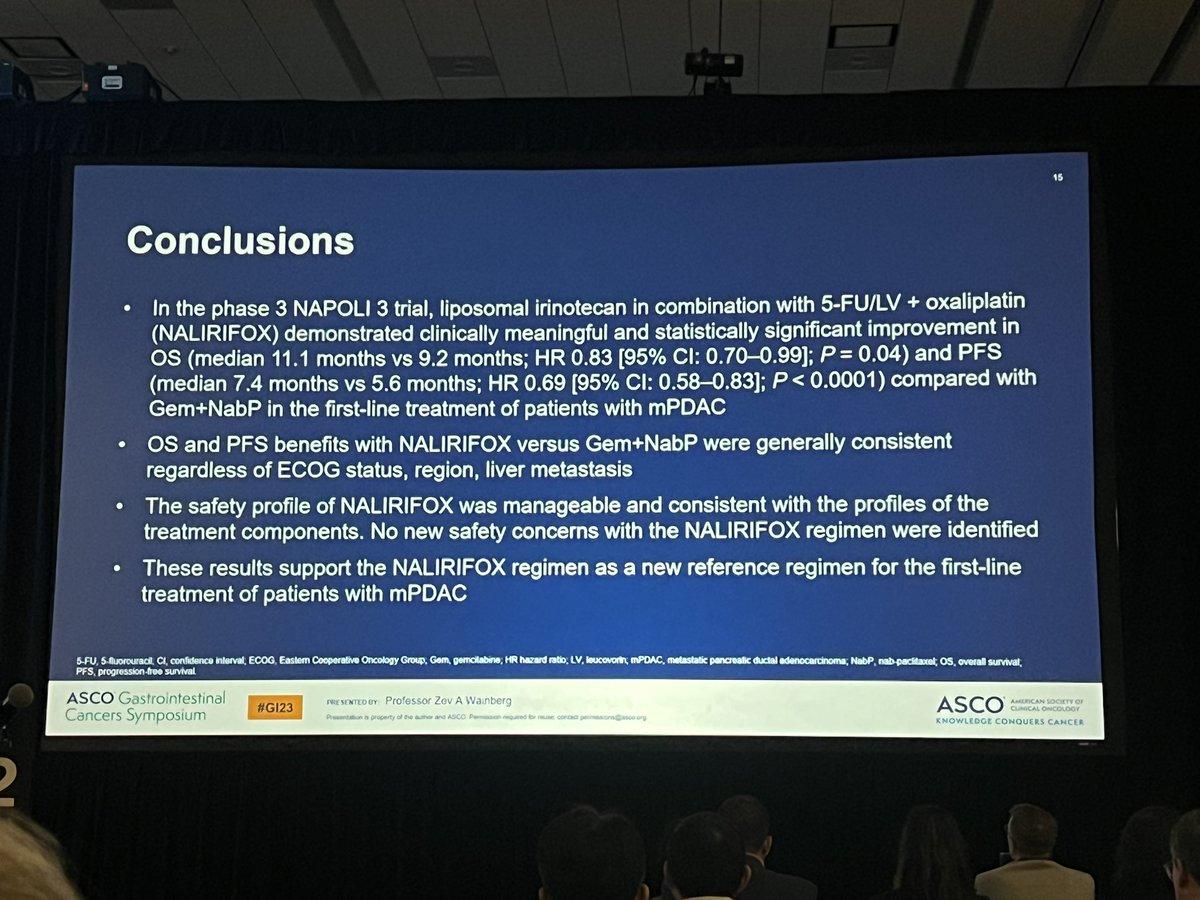 FlavioRochaMD's tweet photo. NAPOLI 3 results are finally in! 🚨
Median OS of 11.1 mo with NALIRIFOX vs 9.2 mo with Gem+NabP in #mPDAC
HR 0.84 (0.71, 0.99) p = 0.04
New standard of care?
@PanCAN @letswinpc @OncoAlert @NatPancFdn @OHSUpancreatic https://t.co/Lbr1iNBkvE