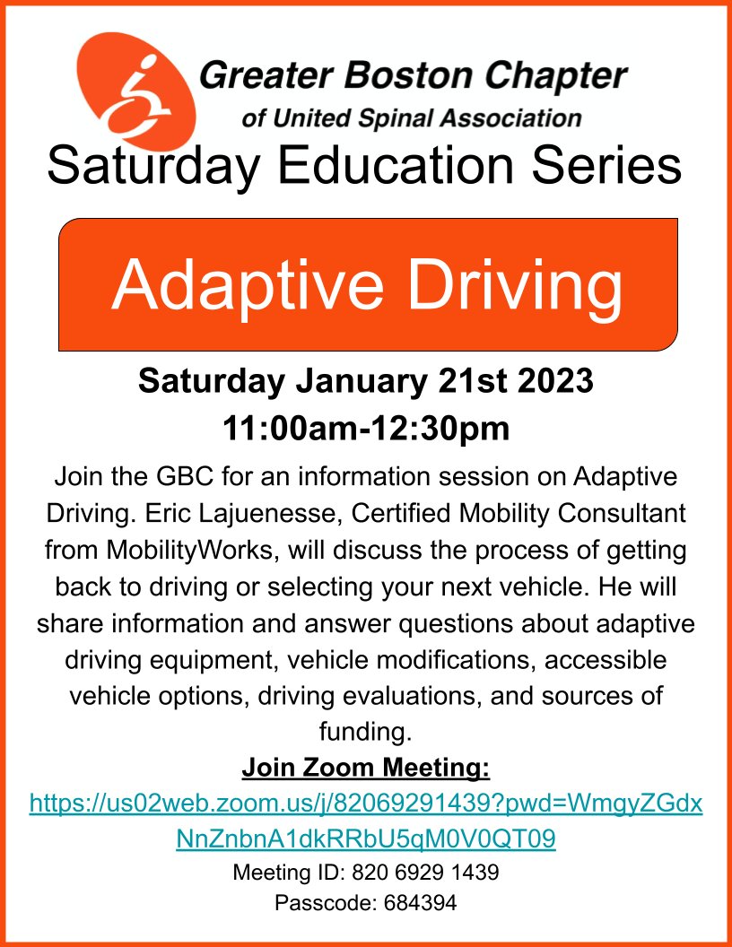 SpauldingSCIMS's tweet image. Join the Greater Boston Chapter of United Spinal for their Saturday Education Series on Adaptive Driving! sciboston.org