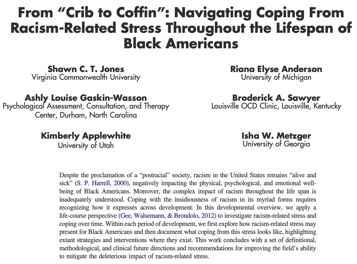 DrABLoyd's tweet photo. Highlighting another piece from our reading list! From “crib to coffin”: Navigating coping from racism-related stress throughout the lifespan of Black Americans by @SCTJones @rianaelyse and colleagues #psyc258 https://t.co/t3IinAM8uV https://t.co/xTRWwDXjmC
