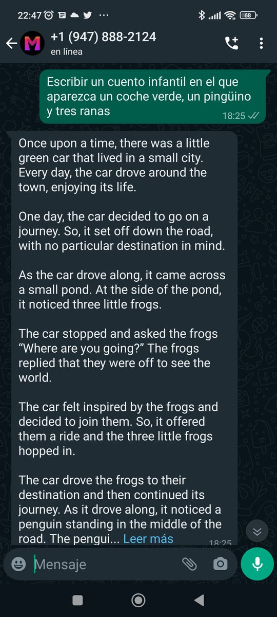 LinoGran's tweet photo. Hey @Mightygpt! This is my best mightygpt conversation. It is about writing a tale using these items without any link: a green car, a penguin and three frogs. My kids were happy to listen a totally new history. What about these 100 free prompts?!😉 https://t.co/OAYoZQ0MhM