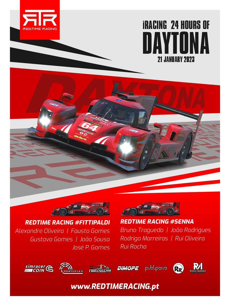 REDTIME PRESENT AT THE 24 HOURS OF DAYTONA
Team will register 2 cars in the LMP2 class.In such a demanding race the main goal is to reach the end, preferably without incidents. 
#iracing #SRP #simracercoin #simracing #PORTOFLEX #cargoliveira #publipaiva #dimope