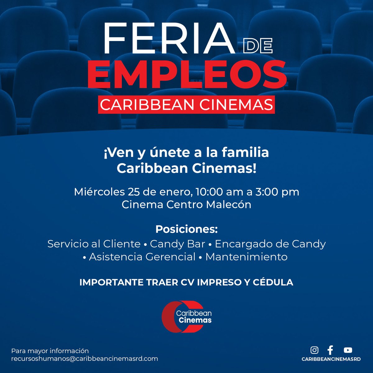 ¿Siempre has soñado trabajar en el cine🤔? Pues tu momento ha llegado🤩, este próximo miércoles podrás hacer tu sueño realidad y participar en la #FeriaDeEmpleoCaribbean y poder ser parte de nuestra maravillosa familia.

¡No se lo pueden perder😉! 

#FeriaDeEmpleo #TrabajoSíHay