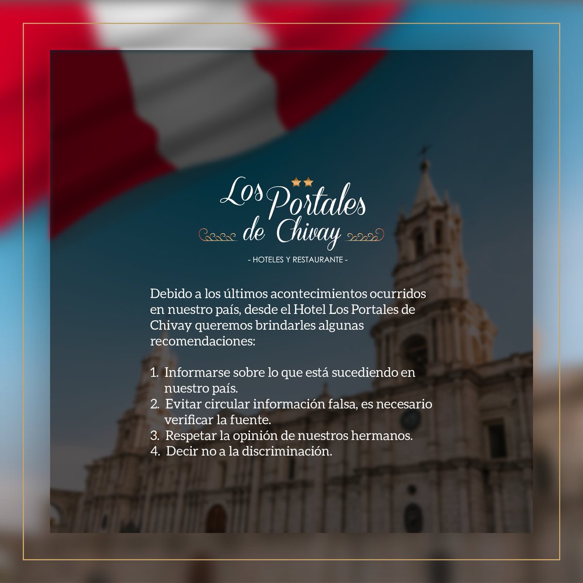 LP_chivay's tweet photo. Esperamos que juntos podamos superar esta situación. Hay que unirnos, sumar esfuerzos y pensar en lo que es mejor para nuestro país 🇵🇪🤍
#LosPortalesdeChivay #chivay #mincetur
#arequipa #perú https://t.co/Tam9IQLyf4
