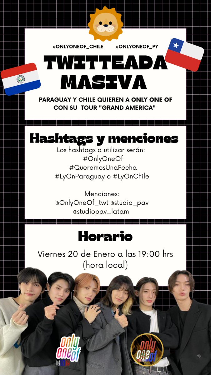 En 5 minutos comienza nuestra twitteada masiva junto con <a href="/OnlyOneOf_PY/">OnlyOneOf Paraguay</a> ! Les invitamos a participar usando los hashtags #queremosunafecha #onlyoneof #lyOnChile y mencionando a <a href="/OnlyOneOf_twt/">OnlyOneOf official</a> <a href="/studio_pav/">Studio PAV</a> y <a href="/studiopav_latam/">Studio PAV LATAM</a>! 💕