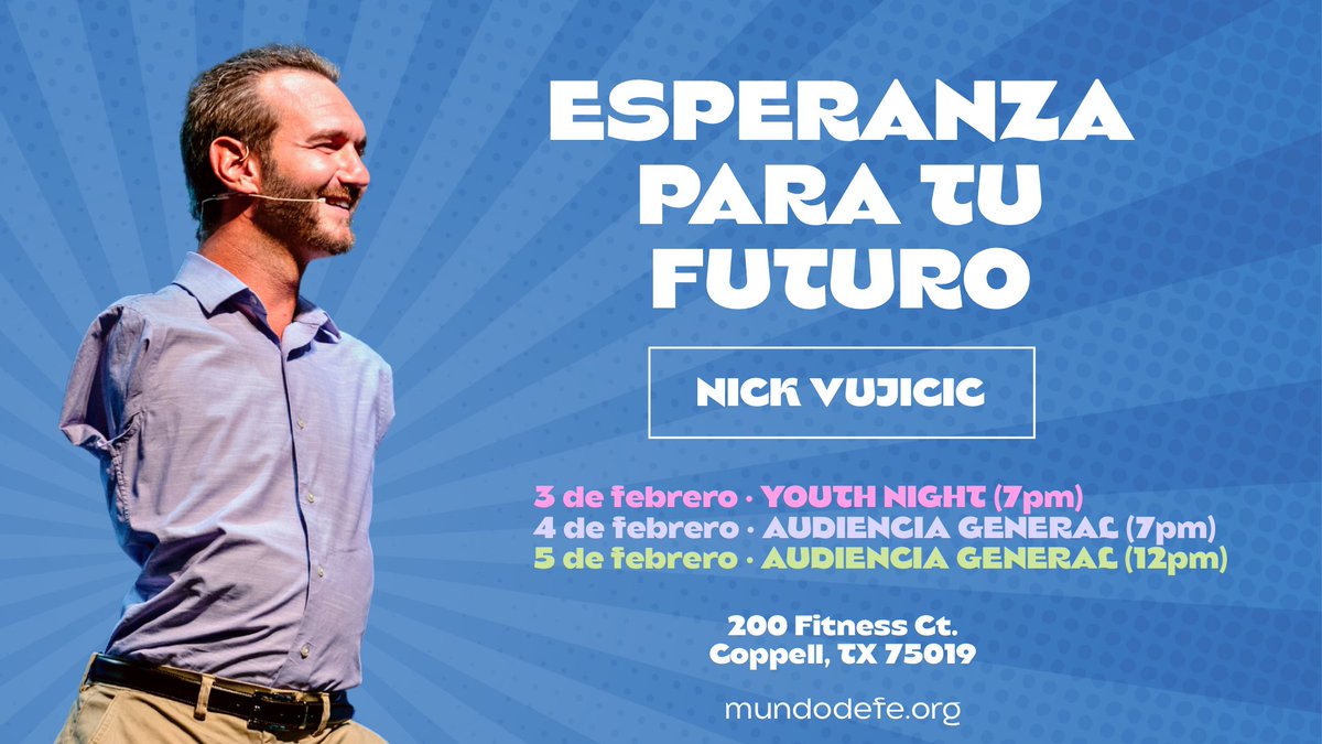 MundoDeFe's tweet image. ¡Escucha la increíble historia de #NickVujicic EN VIVO en febrero! mundodefe.org/event/esperanz…