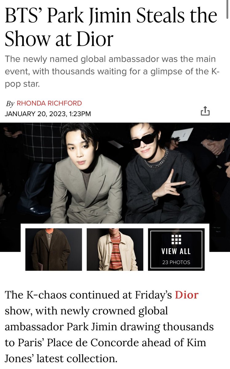 renkiger_'s tweet photo. “Park Jimin Steals the Show at Dior. The newly named global ambassador was the main event, with thousands waiting for a glimpse…[he] was joined by his BTS bandmate J-Hope…It made for the most electric front row of the week, with [them] seated between Naomi Campbell &amp; J Balvin + https://t.co/LbHt1Q2Slz