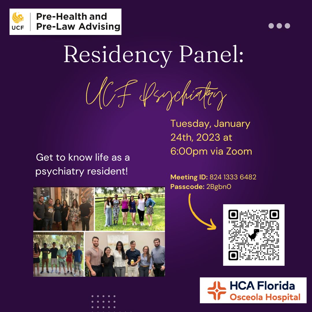 UCF Pre-Med students🩺💊🧠, interested in psychiatry? Join PHPL and UCF Psychiatry Residents next Tuesday, January 24th at 6:00 pm ET via zoom to learn about life as a resident! Scan the QR code to join!