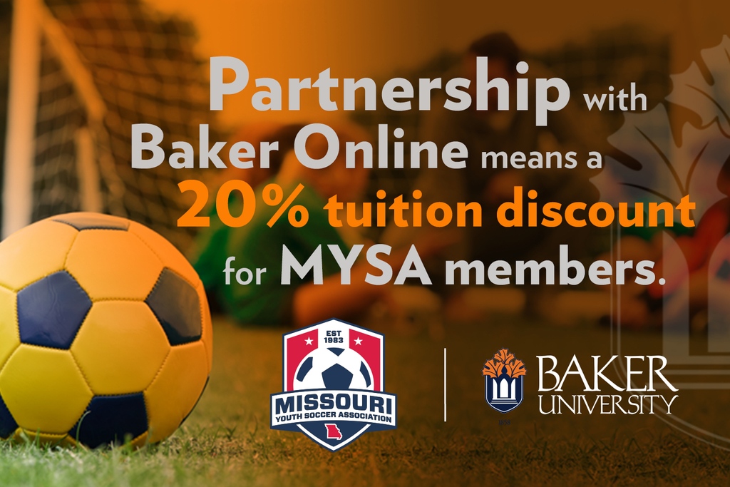New partnership! 👀

MYSA members can now receive a 20% tuition discount toward a Baker education & there is a coaching license elective option to help you work toward a U.S. Soccer or United Soccer Coaches diploma.

For more info, visit bakeru.edu/missouri-youth…

@bakeruonline