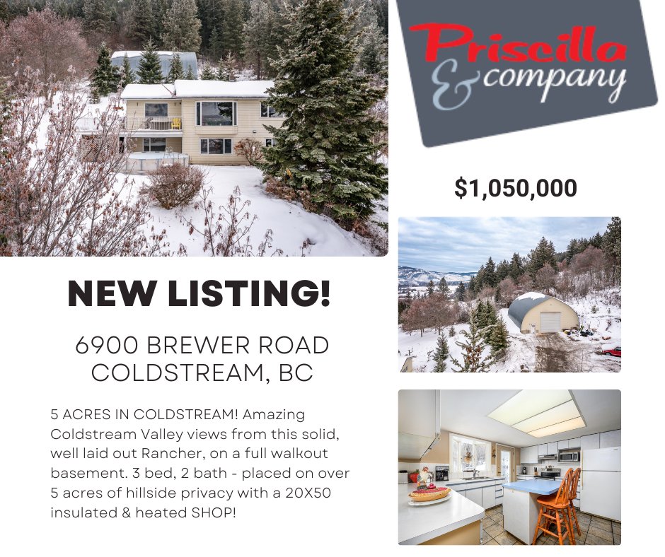 Coldstream Valley views from this solid, well laid out Rancher, on a full walkout basement. Over 5 acres of hillside privacy,  amazing 20X50, insulated, heated SHOP, 15 minutes from Vernon.