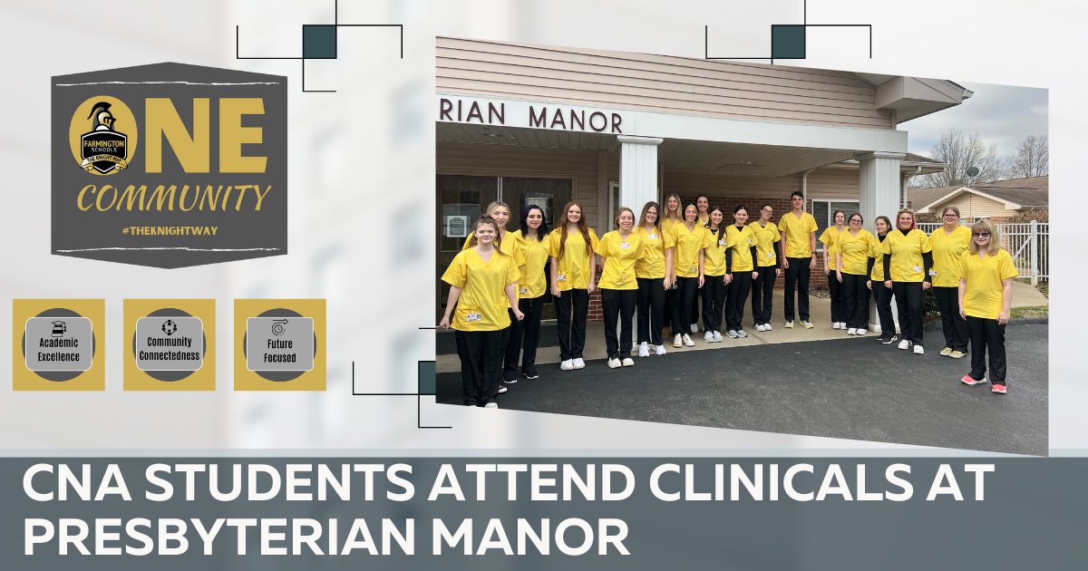 KnightsR7's tweet photo. Farmington High School CNA students spent time at Presbyterian Manor today. We are thankful for this community partnership and the opportunity for our students to obtain real-world experiences! #OneCommunity #TheKnightWay #CommunityConnectedness #WSCC @Knights_FHS https://t.co/CJvJWPFYSo