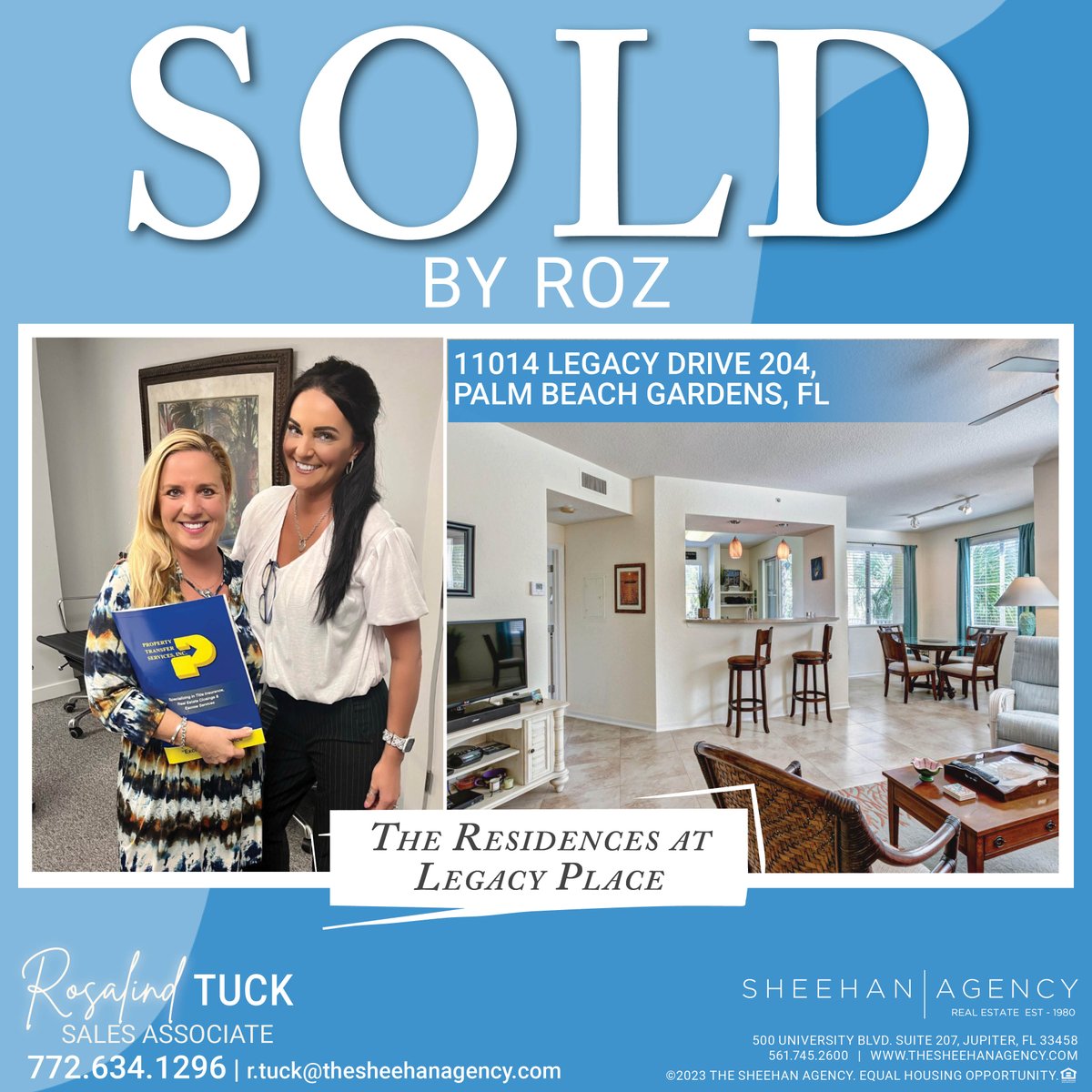 SOLD! 🎉 By Roz
The Residences at Legacy Place
📍11014 Legacy Drive 204, Palm Beach Gardens, FL

Thank you to Eric DEPP at Highlands Mortgage and the team at Property Transfer Services for their hard work and collaboration

#sold #justsold #closingday #closed 
#thesheehanagency