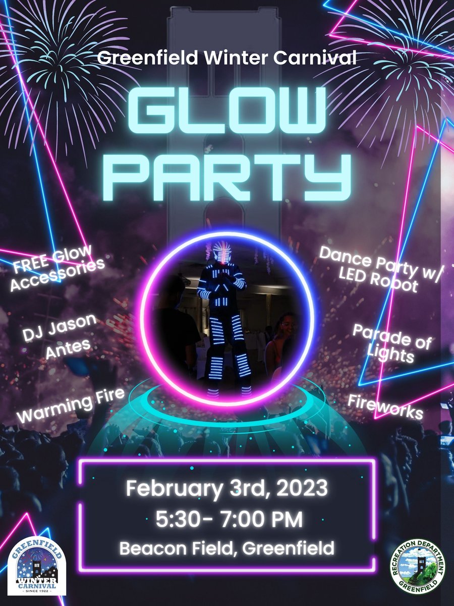 Let it snow &amp; let it GLOW! Glow Party @ Beacon Field on 2/3 @ 5:30-7pm! Free glow accessories, warming fire, DJ, LED party robot, Parade of Lights, and the best seat in the house for viewing the fireworks! 🤩🕺❄️🔥🎆🎉
#greenfieldwintercarnival #GlowParty #ledpartyrobot